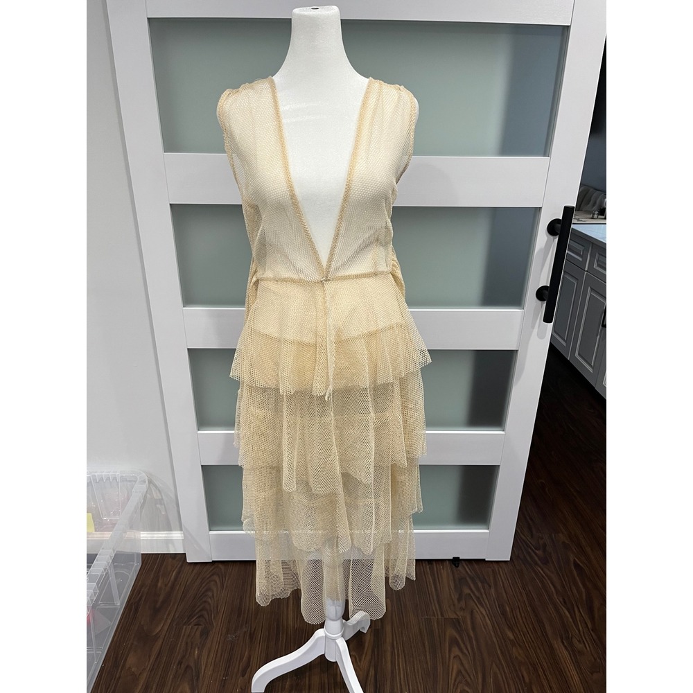 Acqua de Luxe Gold Mesh Tiered Ruffle Deep V-Neck Midi Dress Made in Brasil Med